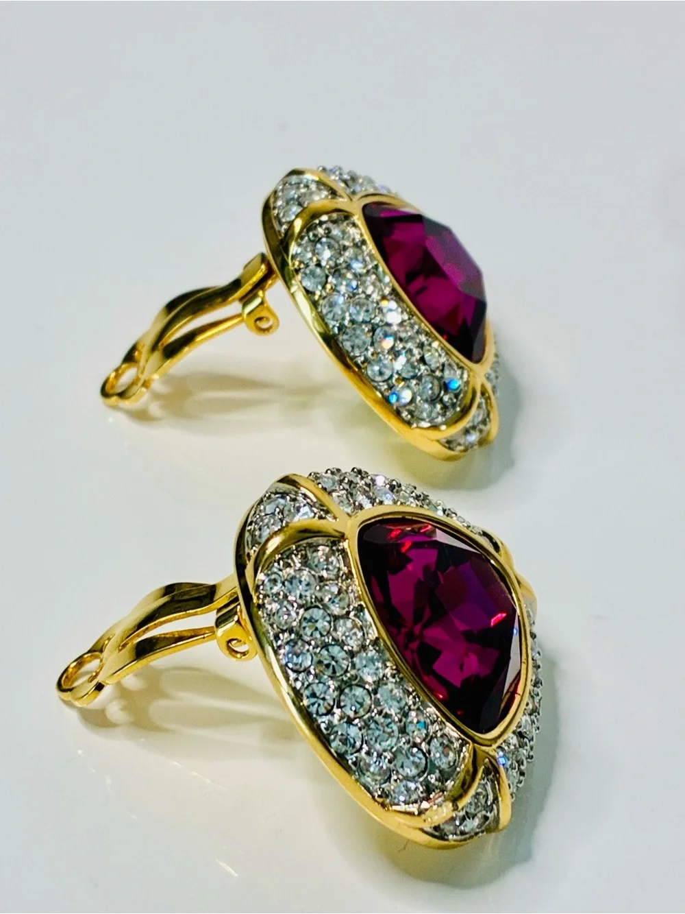 RARE Swarovski Gold-Tone Fuchsia Crystal HUGE HEAVY AND PRISTINE Clip Earrings